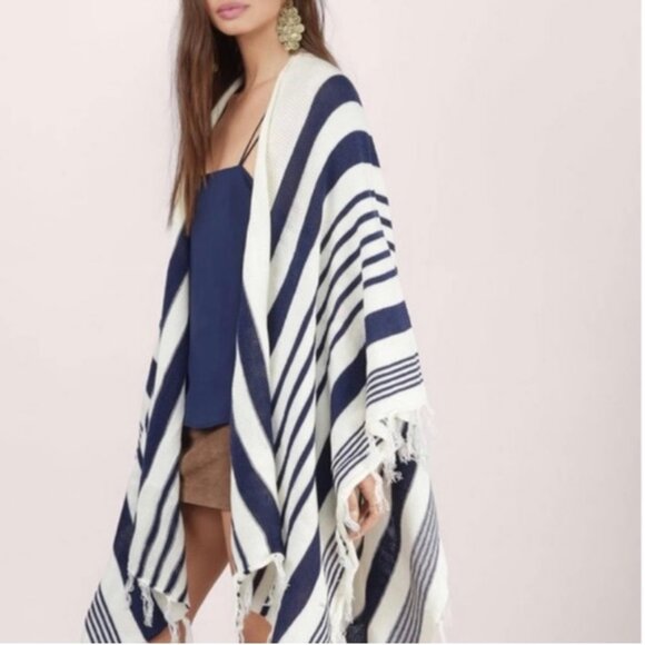 TOBI Cream and Navy Striped Pancho/Wrap with Fringe Trim Women's One Size - Picture 1 of 10